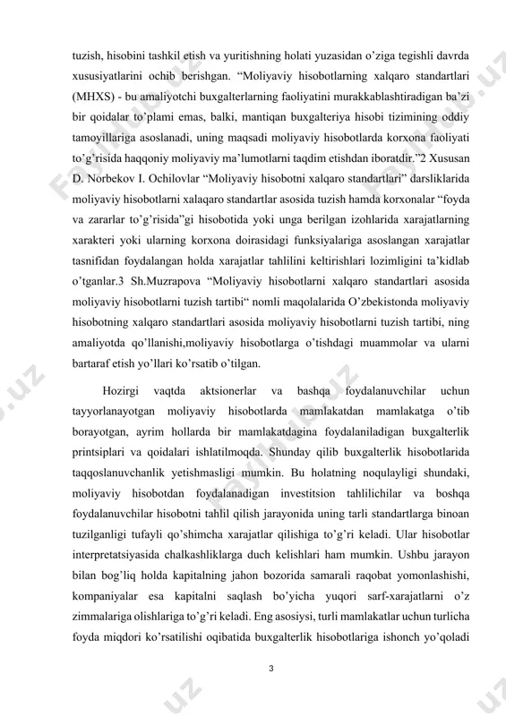 nuvchanlik yetishmasligi mumkin. bu holatning noqulayligi shundaki, moliyaviy hisobotdan foydalanadigan investitsion tahlilichilar va boshqa foydalanuvchilar hisobotni tahlil qilish jarayonida uning tarli standartlarga binoan tuzilganligi tufayli qo’shimcha xarajatlar qilishiga to’g’ri keladi. ular hisobotlar interpretatsiyasida chalkashliklarga duch kelishlari ham mumkin. ushbu jarayon bilan bog’liq holda kapitalning jahon bozorida samarali raqobat yomonlashishi, kompaniyalar esa kapitalni saqlash bo’yicha yuqori sarf-xarajatlarni o’z zimmalariga olishlariga to’g’ri keladi. eng asosiysi, turli mamlakatlar uchun turlicha foyda miqdori ko’rsatilishi oqibatida buxgalterlik hisobotlariga ishonch yo’qoladi moliyaviy holat va undagi o’zgarishlarni tahlil etishdagi o’xshash jihatlarni buxgalteriya hisobining muhim tamoyili bo’lgan mazmunning shakldan ustunligi tamoyili bilan izohlash mumkin. rivojlangan mamlakatlar moliyaviy hisobotlari bilan o’zbekistondagi xo’jalik yurituvchi subyektlar tomonidan tuziladigan moliyaviy hisobot shakllari soni va ularning nomlanishi yuzasidan judda katta farq kuzatilmaydi. bu jihatdan xalqaro va o’zbekistonda tuziladigan va taqdim etiladigan moliyaviy hisotlarning qiyosiy tahlilni berib o’tamiz. moliyaviy hisobotlarga qo’yiladigan talablar “moliyaviy hisobotlarni taqdim qilish” nomli 1-son moliyaviy hisobotning xalqaro standartlari (mhxs)da keltirib …