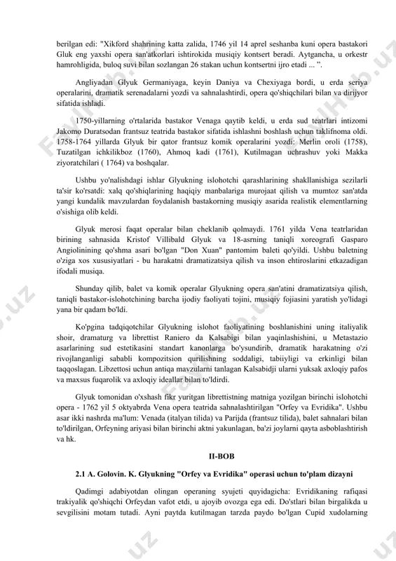 biroq, opera asari yozish tamoyillarini o'zgartirish zarurligini hali to'liq anglamagan yosh bastakorning ijodiy etukligi, o'sha yillarda uning islohotchi bo'lishiga imkon bermadi. shunga qaramay, glyukning oldingi va keyingi operalari o'rtasida o'zgarib bo'lmaydigan farq yo'q. islohot davri asarlarida bastakor avvalgi asarlarning ohangdor burilishlarini tez-tez tanishtirgan, ba'zan esa yangi matn bilan eski ariyalardan foydalangan. 1746 yilda kristof uliblib glyuk angliyaga ko'chib o'tdi. eng yuqori london jamiyati uchun u "artamen" va "devlarning qulashi" operalarini yozgan. asarlari jiddiy operaning standart sxemasidan tashqariga chiqishga moyilligini ko'rsatgan taniqli xandel bilan uchrashuv operativ islohotlar zarurligini asta-sekin anglab etgan glyukning ijodiy hayotidagi yangi bosqichga aylandi. metropoliten tomoshabinlarini o'z kontsertlariga jalb qilish uchun glyuk tashqi ta'sirlardan foydalangan. shunday qilib, 1746 yil 31 martda london gazetalaridan birida quyidagi e'lon berilgan edi: "xikford shahrining katta zalida, 1746 yil 14 aprel seshanba kuni opera bastakori gluk eng yaxshi opera san'atkorlari ishtirokida musiqiy kontsert beradi. aytgancha, u orkestr hamrohligida, buloq suvi bilan sozlangan 26 …
