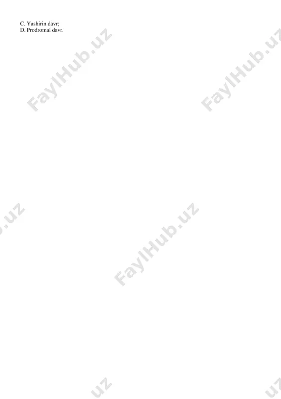 rsa reanematsiya qanday tartibda olib boriladi? a.2 ta nafas – 15 ta massaj; b.2 ta nafas – 5 ta massaj; c.1 ta nafas - 5 ta massaj; d.1 ta nafas – 15 ta massaj. 17.yotoq yaralarning uchinchi bosqichida terida qanday o’zgarishlar kuzatiladi? a. teri osti to’qimalari zararlanadi ,cho’ntaklar xosil bo’ladi; b. teri qizarib to’qimalar zararlanadi; c. terining tashqi qavati zararlanadi; d. teri shilinadi. 18. o’tkir o’choqli zotiljamda o’pkaning qaysi sohasi yallig’lanadi? a. o’pkaning bir segmenti yoki asinusi o’tkir yallig’lanadi; b. o’pkaning barcha segmenti; c. o’pkaning yoyilgan yallig’lanishi; d. o’pkaning sog’lom to’qimasi. 19..zotiljam kasalligining turlarini ayting. a. mayda o’choqli, yirik o’choqli va tutashgan o’choqli; b. tarqalgan va tutashgan; c. mayda o’choqli tarqalgan; d. yirik o’choqli tarqalgan. 20.o’pka abstsessining davrlari? a. abstsess yorilguncha va yorilgandan keyingi davr; b. aspiratsion, travmatik; c. yashirin davr; d. prodromal davr.