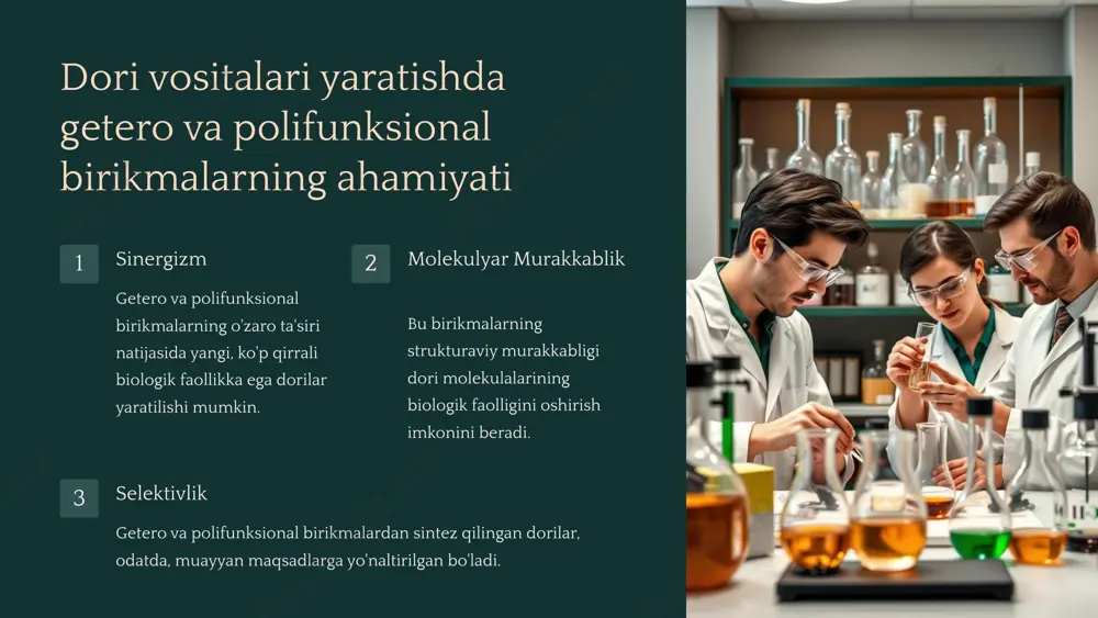 va izlanishlar. 2 dori sintezi yangi potensial dorilar uchun sintez yo'llarini ishlab chiqish va optimallash. 3 klinik sinovlar sintez qilingan dorilarning klinik samaradorligini baholash, xavfsizligini tekshirish. 5 getero va polifunksional birikmalar asosida yoqilgan dori vositalarining afzalliklari yuqori biologik faollik getero va polifunksional birikmalar asosida sintez qilingan dorilar odatdagi dorilardan ko'ra yuksak biologik faollikka ega. selektivlik getero va polifunksional birikmalardan sintez qilingan dorilar, odatda, muayyan maqsadlarga yo'naltirilgan bo'ladi. xavfsizlik bu usul bilan sintez qilingan dorilar xavfsizlik va qulaylik jihatidan rivojlantirilgan. samadorlik getero va polifunksional birikmalarning o'zaro ta'siri natijasida yoqilgan dori vositalari samaradorligi oshadi. 6 getero va polifunksional birikmalar asosida sintez qilingan dori vositalarining xususiyatlari strukturaviy xilma-xillik bu birikmalardan sintez qilingan dorilar turli-tuman strukturaviy xususiyatlarga ega. biologik faollik getero va polifunksional birikmalar asosidagi dorilar yuqori biologik faollikka ega. selektivlik bu dorilar ko'proq muayyan maqsadlarga yo'naltirilgan. sintez imkoniyatlari bu birikmalardan yangi dorilar sintez qilish uchun keng imkoniyatlar mavjud. 7 getero va polifunksional birikmalar …