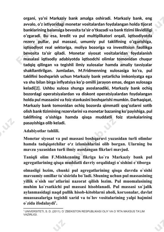 sqa muddatli davriy orqalidagi o`sishini e`tiborga olmasligi lozim, chunki pul agregatlarining qisqa davrda o`sishi mavsumiy omillar ta`sisirida bo`ladi. shuning uchun pul massasining yillik o`sish sur`atlarini nazorat qilish lozim. pul muomalasining muhim ko`rsatkichi pul massasi hisoblanadi. pul massasi xo`jalik aylanmasidagi naqd pullik hisob-kitoblarni aholi, korxonalar, davlat muassasalariga tegishli xarid va to`lov vositalarining yalpi hajmini o`zida ifodalaydi[footnoteref:1]. [1: universiteti, s. d. (2011). o ‘zbekiston respublikasi oliy va o ‘rta maxsus ta’lim vazirligi.] zamonaviy monetarizm nazariyasining asoschisi m.fridmen va uning izdoshlari pul massasini pul-kredit instrumentlarining asosiy indikatorlari deb hisoblaydilar. ularning fikriga ko'ra, pullarga bo'lgan talab funksiyasi xarajatlar funksiyasiga qaraganda ancha barqaror hisoblanadi. shu sababli pul massasi pul-kredit instrumentlarining asosiy indikatori sifatida qabul qilish maqsadga muvofiqdir[footnoteref:2]. [2: tursunali oʻg‘li, x. e. (2022). markaziy osiyoda migratsiya siyosati va ijtimoiy, iqtisodiy va siyosiy beqarorlik sharoitida yuqori malakali ishchi kuchini oʻzbekistonga jalb etish chora tadbirlari. research and education, 1(2), 341-348.] toshkent davlat iqtisodiyot universiteti magistri raximov xasan …