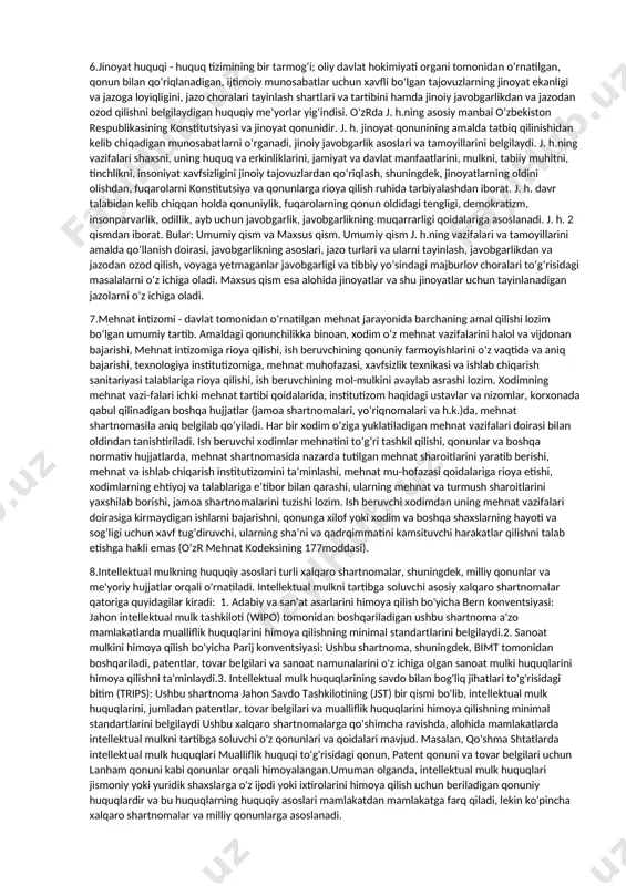 ublikasi fkga koʻra, mulk huquqi shaxsning oʻziga qarashli mol-mulkka oʻz xohishi bilan va oʻz manfaatlarini koʻzlab egalik qilish, undan foydalanish va uni tasarruf etish, shuningdek, oʻzining mulk huquqini, kim tomonidan boʻlmasin, har qanday buzishni bartaraf etishni talab qilish huquqidan iborat. oʻzbekiston respublikasi konstitutsiyasining 36-moddasiga[1] binoan, „har bir shaxs mulkdor boʻlishga haqli“. oʻzbekiston iqtisodiyotining negizini xilma-xil shakllardagi mulk tashkil etadi. davlat barcha mulk shakllarining teng huquqliligini va huquqiy jihatdan bab-baravar muhofaza etilishini kafolatlaydi. „oʻzbekiston respublikasida mulkchilik toʻgʻrisida“gi qonun[2] (1990-yil 31-oktabr) asosida bozor munosabatlarining tashkil topishi uchun iqtisodiy manba hisoblangan xususiy mulkchilikka yoʻl ochildi. xususiy mulkchilikning rivojlanishida „davlat tasarrufidan chiqarish va xususiylashtirish toʻgʻrisida“gi qonun[3] (1991-yil 19-noyabr) muhim ahamiyat kasb etdi. ushbu qonunga asosan shoʻrolar davridagi davlat mulkining hukmronlik qilishiga barham berildi, xususiy mulkning tashkil topishi uchun imkoniyat yaratildi. oʻzbekiston respublikasining amaldagi fkda mulkni oʻtmishda sotsialistik jamiyatning sinflarga boʻlinishiga asoslanib (davlat, kolxozkooperativ, shaxsiy) shakllarga ajratilishiga va qaysi shaklda, kimga tegishliligiga qarab oʻrnatilgan tengsizlikka …