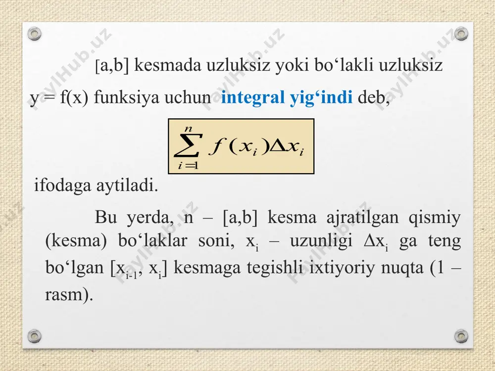 i hisoblang. aniq integralning tatbiqlari integralning geometrik ma‘nosi quyidagicha: yuqoridan y = f (x) funksiyaning grafigi bilan, quyidan 0x o‘qi bilan, yon tomonlardan x = a va x = b to‘g‘ri chiziqlar bilan chegaralangan egri chiziqli trapetsiyaning yuzasiga son ji- hatdan tengdir . 0 a b y s y=f(x) x egri chiziqli trapetsiyaning yuzasi y=f2 (x) va y=f1 (x) egri chiziqlar bilan chegeralangan soha yuzasi bu yerda, a va b lar chiziqlar kesishish nuqtalarining absissalari, [a,b] da f2 (x) ≥ f1 (x) yassi egri chiziq yoyi uzunliklarini hisoblash y=f(x) funksiya [a,b] kesmada silliq bo‘lsa, u holda bu egri chiziqning x=a, x=b to‘g‘ri chiziqlar bilan chegaralangan yoyining uzunligi formula bo‘yicha hisoblanadi. aylanish jismlari sirtining yuzini hisoblash x = a, x = b to‘g‘ri chiziqlari bilan chegaralangan y = f (x) egri chiziqning 0x o‘qi atrofida aylanishidan hosil bo‘lgan sirt yuzi sx formula bo‘yicha topiladi. xuddi shunga o‘xshash, y = c, y …