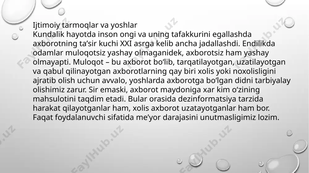 moqlar foydalanuvchisi hisoblanadi xoʻsh ijtimoiy tarmoqning oʻzi nima? keling, shu masalagi oydinlik kiritib olsak. masofadan internet orqali odamlar orasidagi “online” tanishuv hamda muloqotni taʼminlovchi, aʼzolarining turli xil shaxsiy maʼlumotlarini oʻzida aks ettiruvchi internet tarmoqlariga (saytlariga) ijtimoiy tarmoqlar deyiladi. misol uchun, hozir dunyoda keng tarqalgan “facebook”, “odnoklassiniki. ru”, “telegram”, “mail. ru” kabi ijtimoiy tarmoqlar shular jumlasidan. ayni paytda, ijtimoiy tarmoqlar bilan toʻgʻridan-toʻgʻri aloqa oʻrnatib, boshqa mamlakatlarda yashovchi yaqinlari, doʻstlar va tengdoshlar bilan turli sohalarda fikr almashish imkoniyati mavjud. bu oʻziga xos ijobiy jihat. shu bilan birga aksariyat ijtimoiy tarmoqlar oʻz ichiga turli (masalan, til oʻrganish, xorijiy oliy oʻquv taʼlim muassasalaridan masofadan turib taʼlim olish) madaniy-maʼrifiy ehtiyojlarni qondirish imkoniyatlarni beruvchi blok va guruhlarni qamrab oladi. biroq keyingi paytlarda ijtimoiy tarmoqlar nafaqat bir muloqot vositasi, balki xobbi darajasiga koʻtarilmoqda va ommalashmoqda. oʻzini namoyon etishda ham har qanday axloqiy prinsiplarni inkor etish mumkin (misol uchun, beriladigan ijtimoiy tarmoq anketalariga behayo shaxsiy suratlarini qoʻyishi mumkin). …
