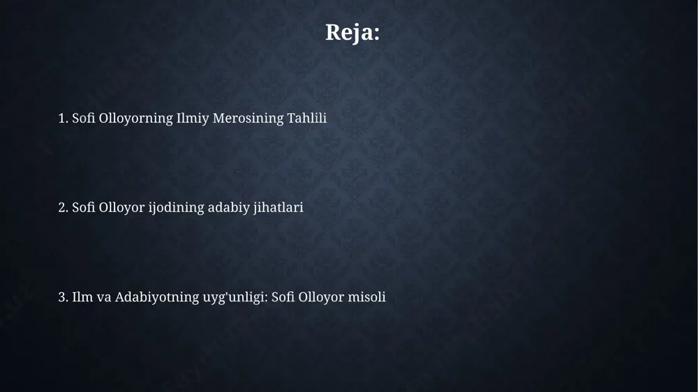 "devon" asarining ilmiy-adabiy ahamiyati "devon"dagi ba'zi she'rlar va dostonlar o'z davrining til xususiyatlarini, lug'aviy boyligini va fonetik qonunlarini o'rganishda qimmatli manba bo'lib xizmat qiladi, shu bilan birga folklor elementlarini o'z ichiga oladi. sofi olloyorning "devon"ida keltirilgan falsafiy fikrlar, tasavvuf yo'nalishlari va tarixiy voqealar haqidagi ma'lumotlar tarix, falsafa va din tarixi fanlari uchun muhim ahamiyatga ega. olloyor ijodining o'zbek adabiyoti rivojiga qo'shgan hissasi sofi olloyor ijodining 10 dan ortiq dostonlari va she'riy to'plamlari o'zbek adabiyoti xazinasi boyligini oshirdi, milliy qadriyatlarni targ'ib qildi va badiiy uslublarning rivojiga sezilarli hissa qo'shdi. olloyorning o'ziga xos til uslubi, obrazli ifodalari va she'riy san'atlari o'zbek adabiy tilining boyishiga va uning zamonaviylashishiga 50 dan ortiq yil davomida ta'sir ko'rsatdi. olloyorning ijodida tasavvuf ta'sirlari olloyorning 12 ta asosiy she'rlar to'plamida tasavvuf falsafasining 7 ta muhim qirrasi, xususan, ma'rifat, muhabbat va yakkalik kabi tushunchalar yorqin ifodalangan. uning "sirli dunyo" dostonida 30 dan ortiq misrada tasavvufning "fana" va "boqiy" kabi …