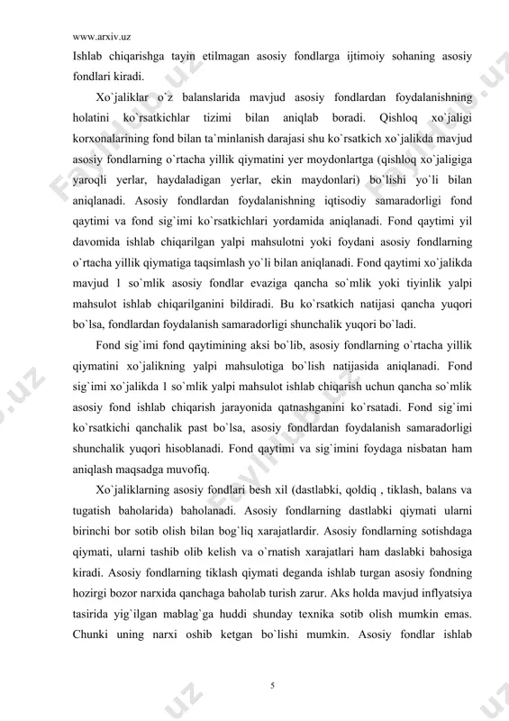 ikning yalpi mahsulotiga bo`lish natijasida aniqlanadi. fond sig`imi xo`jalikda 1 so`mlik yalpi mahsulot ishlab chiqarish uchun qancha so`mlik asosiy fond ishlab chiqarish jarayonida qatnashganini ko`rsatadi. fond sig`imi ko`rsatkichi qanchalik past bo`lsa, asosiy fondlardan foydalanish samaradorligi shunchalik yuqori hisoblanadi. fond qaytimi va sig`imini foydaga nisbatan ham aniqlash maqsadga muvofiq. xo`jaliklarning asosiy fondlari besh xil (dastlabki, qoldiq , tiklash, balans va tugatish baholarida) baholanadi. asosiy fondlarning dastlabki qiymati ularni birinchi bor sotib olish bilan bog`liq xarajatlardir. asosiy fondlarning sotishdaga qiymati, ularni tashib olib kelish va o`rnatish xarajatlari ham daslabki bahosiga kiradi. asosiy fondlarning tiklash qiymati deganda ishlab turgan asosiy fondning hozirgi bozor narxida qanchaga baholab turish zarur. aks holda mavjud inflyatsiya tasirida yig`ilgan mablag`ga huddi shunday texnika sotib olish mumkin emas. chunki uning narxi oshib ketgan bo`lishi mumkin. asosiy fondlar ishlab chiqarishda qatnashadi va vaqt o`tishi bilan eskiradi. asosiy fondlarning eskirishi ikki xil bo`ladi. birinchisi, ma`naviy eskirish. asosiy fondlarning ma`naviy eskirishi quyidagi …