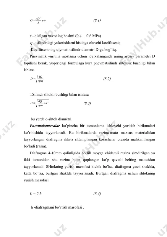 vomida ishlab o’ta qizib ketsa gidrosistemalardagi moy suyulib, natijada nasos berib turgan bosim pasayadi, ishlash unumdorligi ham pasayadi. gidrosistemani bosim bilan ta’minlab turish uchun shesternyali, parrakli va plunjerli nasoslar ishlatiladi. gidrotsilindrdagi ishchi bosim gidrota’minlovchilar yordamida xam olishi mumkin. bular 10mpa -gacha bo’lgan bosimni ta’minlaydi. gidrotsilindrlarning ishchi sirti ra 0.32 dan kam bulmasligi kerak. porshen bilan tsilindr h9/f9 o’tqazish bo’yicha o’rnatiladi. pnevmogidravlik mahkamlash qurilmalarni ta’minlash uchun 0.4…0.6 mpa bosimdagi qisilgan xavo ishlatiladi. qisilgan xavoni shu bosimda qurilmani gidravlik qismidagi bosim 8-10mpa ga yetgani sababli ishchi tsilindrning o’lchamlari juda kichik bo’ladi (5.4 rasm). rasm. pnevmogidravlik kuchaytirgich. pnevmogidravlik sistemalarda nasosli gidravlik sistemalarga nisbatan energiya yo’qotishlar xam bo’ladi. ishlash ishonchliligi yaxshi, konstruktsiyasi sodda, ishlab chiqarilishi arzon, universalligi xam yetarli. pnevmagidravlik qurilmalari pnevmatik qismi aloxida blok ko’rinishida tayyorlanib moslamadan tashqarida dastgoh yonida joylashtirilishi mumkin. qurilma bir yaxlit-blok ko’rinishida tayyorlanishi xam mumkin (5.5 rasm). porshenlarni boshlangich xolatga kaytarish qisilgan xavo yordamida xam bajarilishi mumkin. rasm. yuqotishlarni …