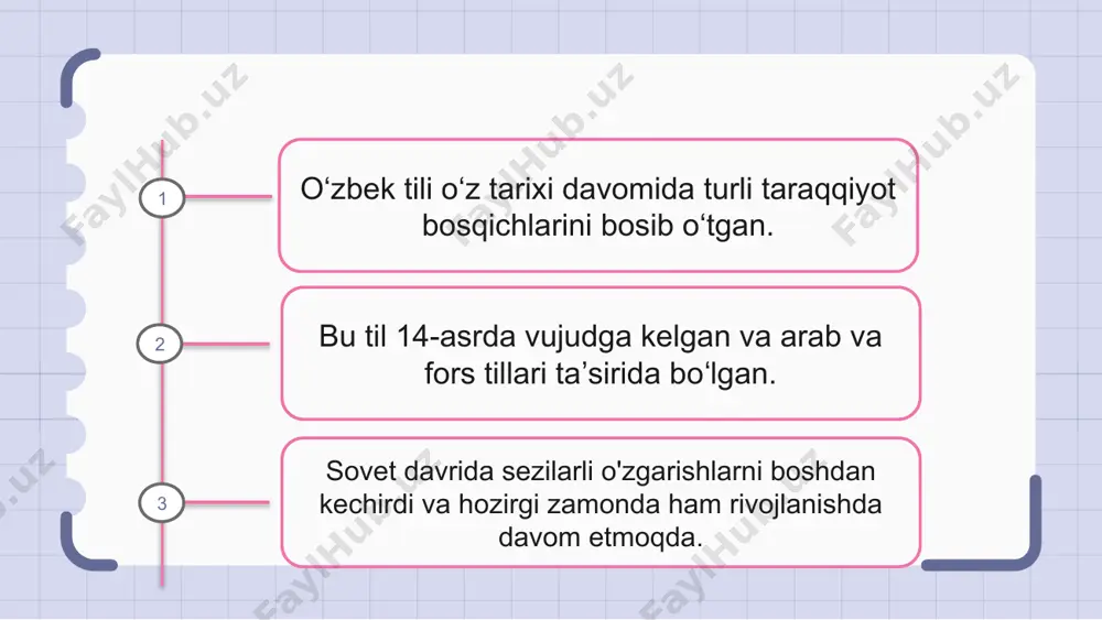 ʼyorlashtirildi. xulosa xulosa o‘rnida aytish mumkinki, o‘zbek tilining rivojlanish bosqichlarini ko‘chmanchi qabilalar so‘zlashgan qadimgi davrlarga borib taqaladi. asrlar davomida til rivojlanib, qoʻshni madaniyatlarning turli taʼsirini boshdan kechirdi, natijada bugungi kunda biz biladigan zamonaviy oʻzbek tili paydo boʻldi. o‘zbek tilining rivojlanishi o‘zbek xalqining boy tarixi va madaniy merosini aks ettiradi. e'tiboringiz uchun rahmat