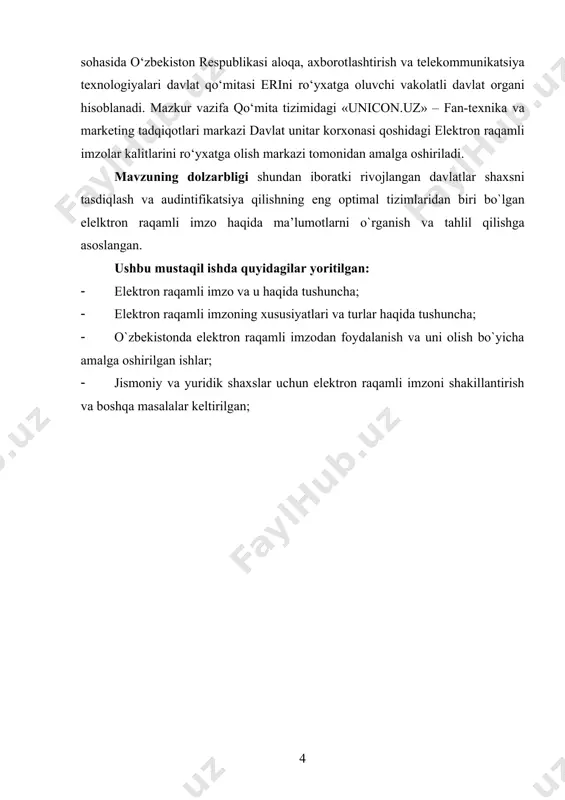 ilangan formatdan foydalanadi. dasturiy ta’minot o‘z ichiga sertifikatlashtirish markazi va ma’muriy boshqaruvni oladi. sertifikatlashtirish markazining serveri eri kalitlarini ro‘yxatga olish markazi funksiyalarining kompleksini ta’minlaydi va eri ochiq kalitlari sertifikatlarining muhofazalangan saqlash joyidan iborat. ma’muriy boshqaruvning dasturiy ta’minoti o‘z funksiyalarini bajarishlari uchun kalitlarni ro‘yxatga olish markazini uzoqdan turib boshqarilishini ta’minlaydi. elektron raqmli imzoning asosiy tushunchalari quyidagilardan iborat: elektron raqamli imzoning yopiq kaliti - elektron raqamli imzo kalit vositalaridan foydalangan holda hosil qilingan, faqat imzo qo‘yuvchi shaxsning o‘ziga ma’lum bo‘lgan va elektron hujjatda elektron raqamli imzo yaratish uchun mo‘ljallangan belgilar ketma-ketligi; elektron raqamli imzoning ochiq kaliti - elektron raqamli imzo kalit vositalaridan foydalangan holda hosil qilingan, elektron raqamli imzo yopiq kalitiga mos keluvchi, axborot tizimining har qanday foydalanuvchisi foydalana oladigan va elektron hujjatdagi elektron raqamli imzo kalit haqiqiyligini tasdiqlash uchun mo‘ljallangan belgilar ketma-ketligi; elektron raqamli imzo kalitining sertifikati - elektron raqamli imzoning ochiq kaliti elektron raqamli imzoning yopiq kalitiga mosligini tasdiqlaydigan va …