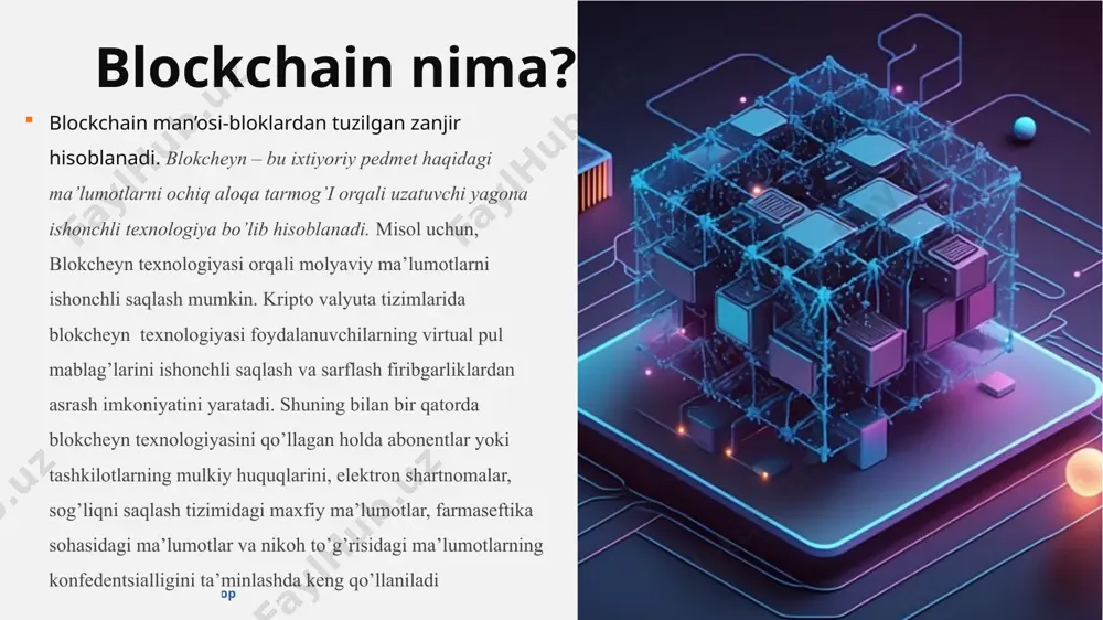 dida amalga oshiriladi.bunda har bir foydalanuvchi o’z bloklaridagi ma’lumotlarni ko’ra olishadi va ularni o’zgartirish huquqiga ham ega bo’ladi. shunday qilib, blokcheyn bloklariga yozilgan ma’lumotlar osongina tekshirilgan holda haqiyqiyligi osongina tasdiqlanadi, bu tarmoqdagi vositachi abonentlar yordamidan foydalanmaslikka imkoniyat yaratadi. 22.09.2020 годовой обзор ‹#› blokcheyn bloklari sarlavha va blok tanasidan tuuziladi. bloklardagi yozuvlar tizimi blok korpusi deb ataladi . bunda asosan bloklarning sarlavhasiga katta e’tibor berish lozim. sababi, yozuvlardagi asosiy maxfiy xabarlar shu blokning sarlavha qismida saqlanadi.blokcheyn zanjiridagi barcha bloklarni kalitlar yordamida biriktiradi, bunda, har bir blokning kaliti o’zidan keyingi har blokning sarlavhasiga qo’shib boriladi. bu juda muhim amallardan bo’lib, bir vaqtning o’zida blokning xavfsizligini va buzilmasligini kafolatlaydigan texnik yechim bo’lib hisoblanadi. block tuzilishi 22.09.2020 годовой обзор ‹#› xeshlash - bu xom ma'lumotni asl shakliga qaytara olmaydigan darajada shifrlash jarayoni. u ma'lumotni oladi va uni ochiq matnda matematik amallarni bajaradigan funksiya orqali o'tkazadi. bu funktsiya xesh-funksiya deb ataladi va chiqish xash qiymati/digest …