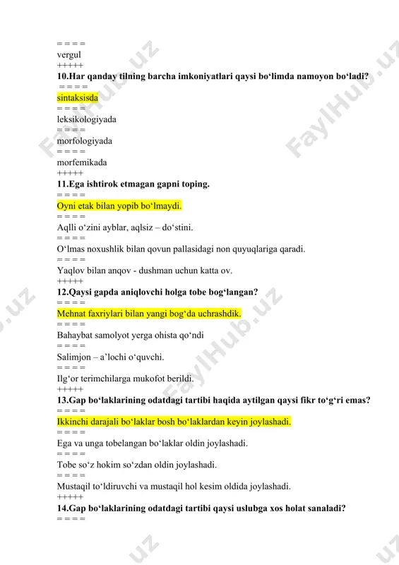 ishik qo‘shimchalari, egalik qo‘shimchalari bog‘lovchilar, ko‘makchilar zamon qo‘shimchalari, shaxs-son qo‘shimchalari 21.o‘zbek tilida nechta so‘z turkumi bor? 12 11 10 6 22.so‘z turkumlari qaysi bo‘limda o‘rganiladi? morfologiya leksikologiya sintaksis etimologiya 23.“morfologiya” termini qaysi tildan olingan? yunoncha lotincha italyancha ispancha 24.morfologiya so‘zi qanday ma’noni anglatadi? so‘z shakli haqidagi ta’limot ma’no haqidagi ta`limot qo‘shimcha haqidagi ta’limot asos haqidagi ma`lumot 25.o‘zbek tilida nechta mustaqil so‘z turkumi mavjud ? 6 4 5 9 26.yordamchi so‘zlar qaysilar? ham, va, bilan bilan, va, koshki koshki, yoki, albatta yo, ko‘ra, shekilli 27.yordamchi so‘zlar noto‘g`ri berilgan javobni belgilang ? modal bog‘lovchi ko‘makchi yuklama 28.alohida olingan so‘z turkumlari nechta? 3 2 4 5 29.otga xos bo‘lmagan kategoriyani belgilang? shaxs-son egalik kelishik ko‘plik 30.ot gapda qaysi bo‘lak vazifasida keladi? barchasi ega, hol, kesim ega, aniqlovchi, to‘ldiruvchi ega, kesim, to‘ldiruvchi 31.temir-tersak, idish-tovoq kabi otlar tuzilishiga ko‘ra qanday ot? juft ot takroriy ot qo‘shma ot yasama ot 32.turdosh otlar o‘z ichida necha guruhga …