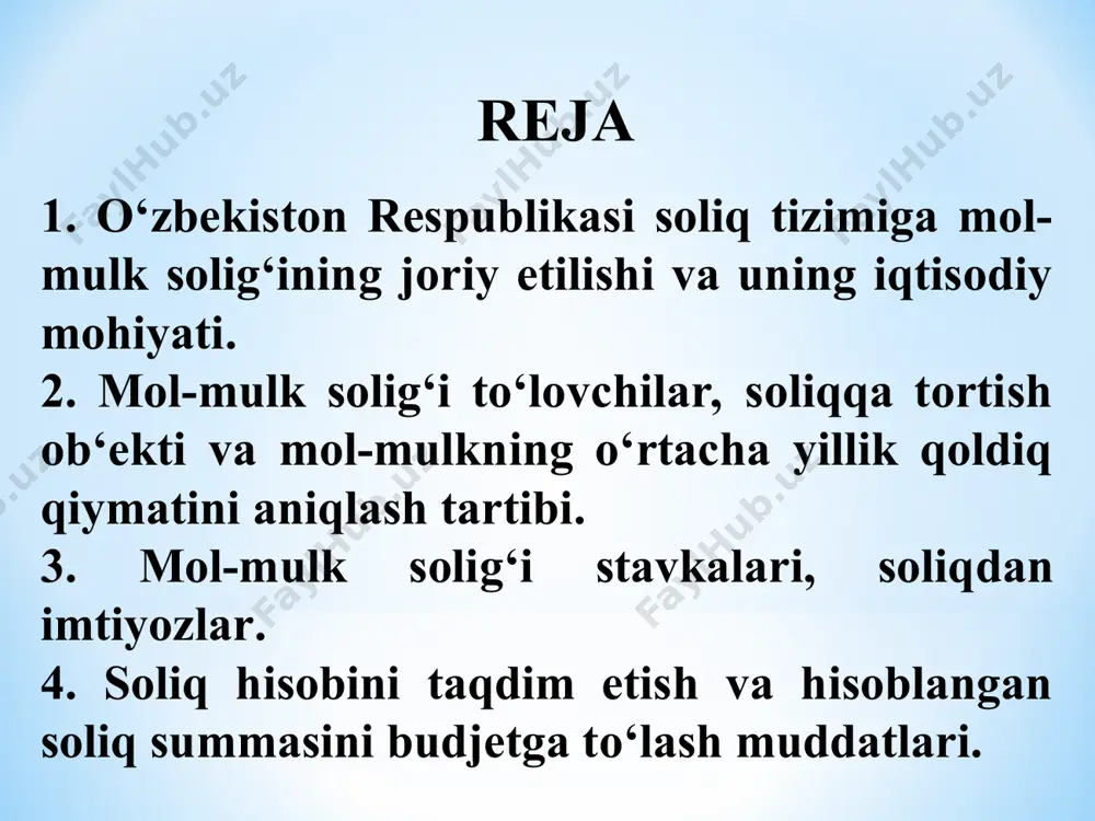 hmas mulkka ega boʻlgan oʻzbekiston respublikasining norezidentlari boʻlgan yuridik shaxslar. * 2018 yil 1 yanvardan boshlab yuridik shaxslardan olinadigan mol-mulk solig’ining soliq solish ob’ektidan ko’char mulklar (mashinalar va uskunalar, transport va boshqa asosiy vositalar va h.k.)ni chiqarib tashlandi. yuridik shaxslarning mol-mulk solig’i ob’ekti qilib faqatgina ko’chmas mulk ob’ektlari belgilandi. ko’chmas mulk yuridik shaxslarning mol-mulkiga solinadigan soliq soliq solish ob’ekti hisoblanadi. ko’chmas mulk jumlasiga quyidagilar kiradi: 1) ko’chmas mulkka bo’lgan huquqlarni davlat ro’yxatidan o’tkazuvchi organlarda ro’yxatdan o’tkazilishi lozim bo’lgan binolar va inshootlar; 2) qurilishi tugallanmagan ob’ektlar. qurilishi tugallanmagan ob’ektlarga qurilish ob’ektiga doir loyiha-smeta hujjatlarida belgilangan normativ muddatda qurilishi tugallanmagan ob’ektlar, agar qurilishning normativ muddati belgilanmagan bo’lsa, ushbu ob’ektning qurilishiga vakolatli bo’lgan organning ruxsatnomasi olingan oydan e’tiboran yigirma to’rt oy ichida qurilishi tugallanmagan ob’ektlar kiradi; 3) temir yo’llar, magistral quvurlar, aloqa va elektr uzatish liniyalari, shuningdek mazkur ob’ektlarning ajralmas texnologik qismi bo’lgan inshootlar; 4) qurilish tashkilotlari yoki imoratlarni quruvchilar balansida keyinchalik sotish …