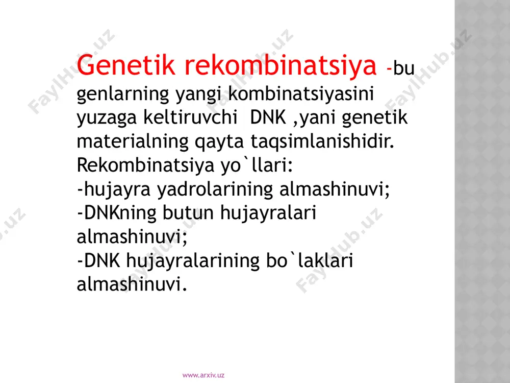 -yilda dj. jostak tomonidan taklif etilgan а, б - maxsus endonukleaza duplekslardan birining ikkala zanjiriga uzilishlar kiritadi в – zanjirlarning 5’ uchi uzilish nuqtalarda 3’ uchini hosil qilib ekzonukleaza bilan gidrolizlanadi г – 3'-zanjiri boshqa dupleksga kiritiladi. dnk ning yo’qolgan bo’laklarining reparativ sintezi amalga oshadi www.arxiv.uz nogomologik rekombinatsiya rekombinatsiyalanovchi dnk larning o’zaro cheklangan gomologligiga yoki umuman u siz amalga oshishiga asoslangan rekombinatsiya jarayonlari guruxidir. 1. sayt- spetsefik rekombinatsiya 2. transpozitsiya 3. noqonuniy rekombinatsiya www.arxiv.uz maxsus-sayt rekombinatsiyasi. dnk ning o’zaro maxsus ketma-ketligiga odatda juda qisqa gomologlikka ega bo’lgan, taxminan 15-30 juft nukleotidlar orasida bo’ladi. bakateriyalar xromosomasiga faglar dnksining ko`chishini (qo`shilishini) ta’minlab beradi. dnkning ma’lum qisimlarinibakteriyalar xromosomasiga,bakteriofaglar va achitqilar plazmidasiga inversiyasini ta’minlaydi. immunoglobulinlarni kodlovchi dnkdagi ketma-ketliklar qayta tuzilishini ta’minlaydi. www.arxiv.uz λ fag da sayt-spetsefik rekombinatsiya sxemasi. а, б – fagning ikki zanjirli dnksi xalqa bo`lib yopiladi б, в – fag dnksining bakteriya xromosomsidagi gal va bio genlari orasidagi maxsus sayt att (attachment)-saytlar …