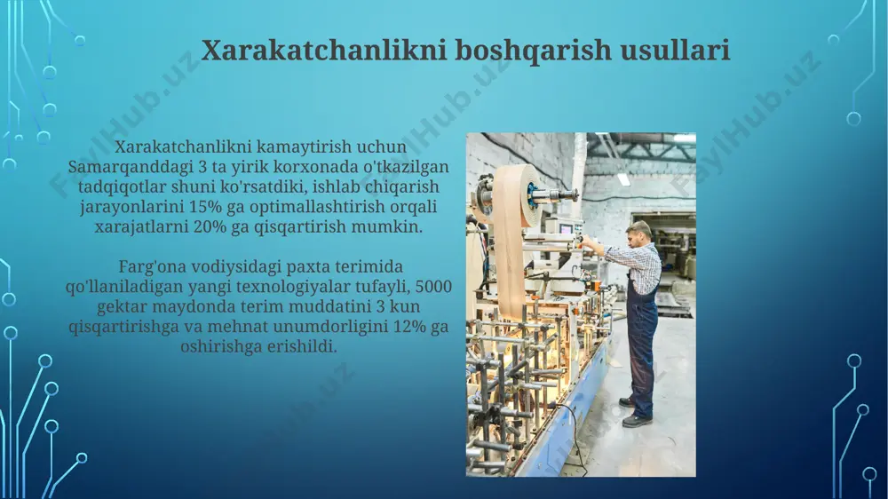 ntirishga yordam bermoqda. xarakatchanlikni o'lchash usullari samarqanddagi klinik tadqiqotlarda, 15-30 yosh oralig'idagi 75 bevosita ishtirokchiga xarakatchanlikni baholash uchun, kompyuterlashtirilgan vizuomotor testlar (vmt) o'tkazilib, natijalar millimetr va graduslarda ifodalanadi. xarakatchanlikni o'lchashda, masalan, toshkent shahridagi 50 nafar ishtirokchiga 10 sekundlik reaktsiya testi o'tkazilib, o'rtacha natijalar millisekundlarda aniqlanadi va standart og'ishish hisoblanadi. xarakatchan va kichrayish jarayonlarining o'zaro bog'liqligi xarakatchanlik va kichrayish jarayonlari o'rtasidagi bog'liqlikni tahlil qilishda, buxoro shahridagi 5 ta turli sohadagi korxonalarda o'tkazilgan 1000 dan ziyod kuzatuvlar natijalari muhim ahamiyat kasb etadi. samarqand viloyatida o'tkazilgan tadqiqotlar shuni ko'rsatdiki, xarakatchanlikning o'rtacha 15% ga kamayishi 2000 dan ortiq ishchini jalb qilgan loyihalarning bajarilish muddatini 2 haftaga uzaytirgan. xulosa самарқанд вилоятидаги харакатчанлик жараёнлари бўйича 2022 йилги маълумотларга кўра, 70% қисқариш кузатилган бўлиб, бу бутун мамлакат бўйича ўртача кўрсаткичдан юқори. хулосада, 2023 йилги тадқиқотлар натижаларига кўра, хоразм вилоятидаги 5 та ҳудудда харакатчанлик жараёнларининг пасайиши 15% гача кузатилган. muammolar va yechimlari samarqand viloyatida 2022-yilda amalga oshirilgan loyihalarning …