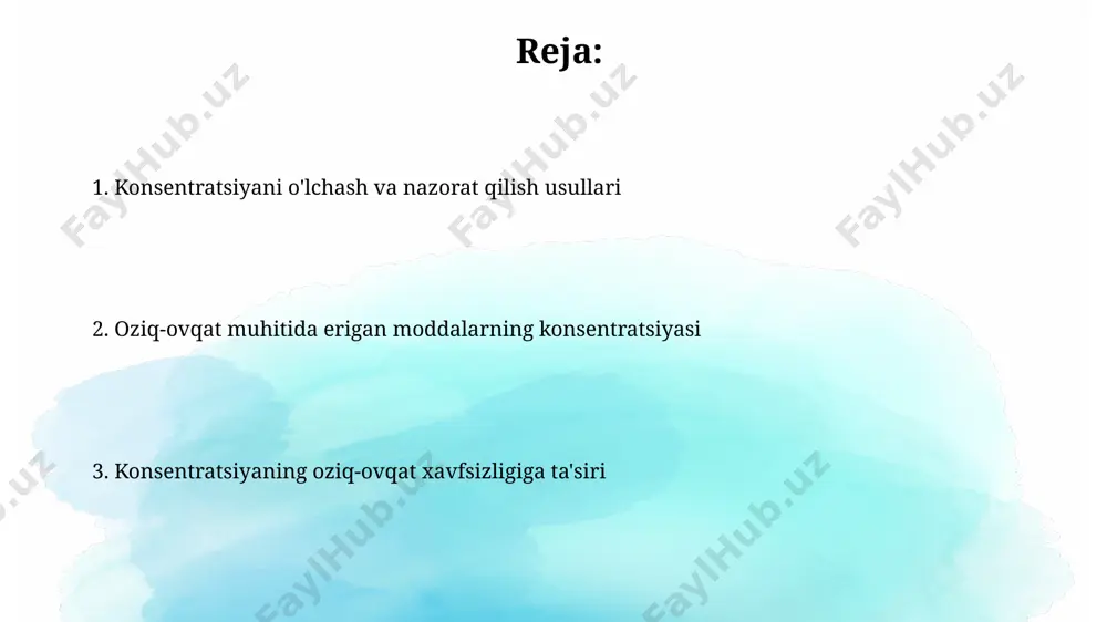 iyasi (ph 3 dan past) oziq-ovqat mahsulotlarining mikroorganizmlarga chidamliligini oshirishi mumkin, ammo ba'zi fermentlarning faolligini susaytirib, mahsulot sifatini pasaytiradi. shakarlarning konsentratsiyasi va ta'siri 10-15% oralig'idagi shakar konsentratsiyasi ko'plab bakteriyalar uchun optimal o'sish sharoitini yaratadi va fermentatsiya jarayonlarini tezlashtiradi. shakarlarning yuqori konsentratsiyasi (masalan, 60% dan yuqori) oziq-ovqat mahsulotlarining suv faolligini pasaytirib, mikroorganizmlar o'sishini sekinlashtiradi yoki to'xtatadi. oziq-ovqat muhitida erigan moddalarning konsentratsiyasi suvda erigan shakar miqdori 10-60% gacha bo'lishi mumkin, bu esa eritmaning yopishqoqligi va shirinligini aniqlaydi. qandolat mahsulotlarida bu juda muhim. meva va sabzavotlardagi organik kislotalar konsentratsiyasi ph darajasini 3 dan 6 gacha o'zgartirib, ularning ta'mini va mikroorganizmlarga chidamliligini ta'minlaydi. mikroorganizmlarga ta'siri yuqori konsentratsiyali tuz eritmalari (masalan, 10% dan yuqori nacl) ko'plab bakteriyalar va zamburug'larning o'sishini to'xtatadi, osmotik bosim o'zgarishi tufayli sitoplazma dehidratatsiyasiga olib keladi. ph 4 dan past yoki 9 dan yuqori bo'lgan muhitlar mikroorganizmlarning ko'pchiligiga toksik ta'sir ko'rsatadi, ularning fermentativ faolligini pasaytiradi va o'sishini sekinlashtiradi yoki to'xtatadi. saqlash muddatiga …