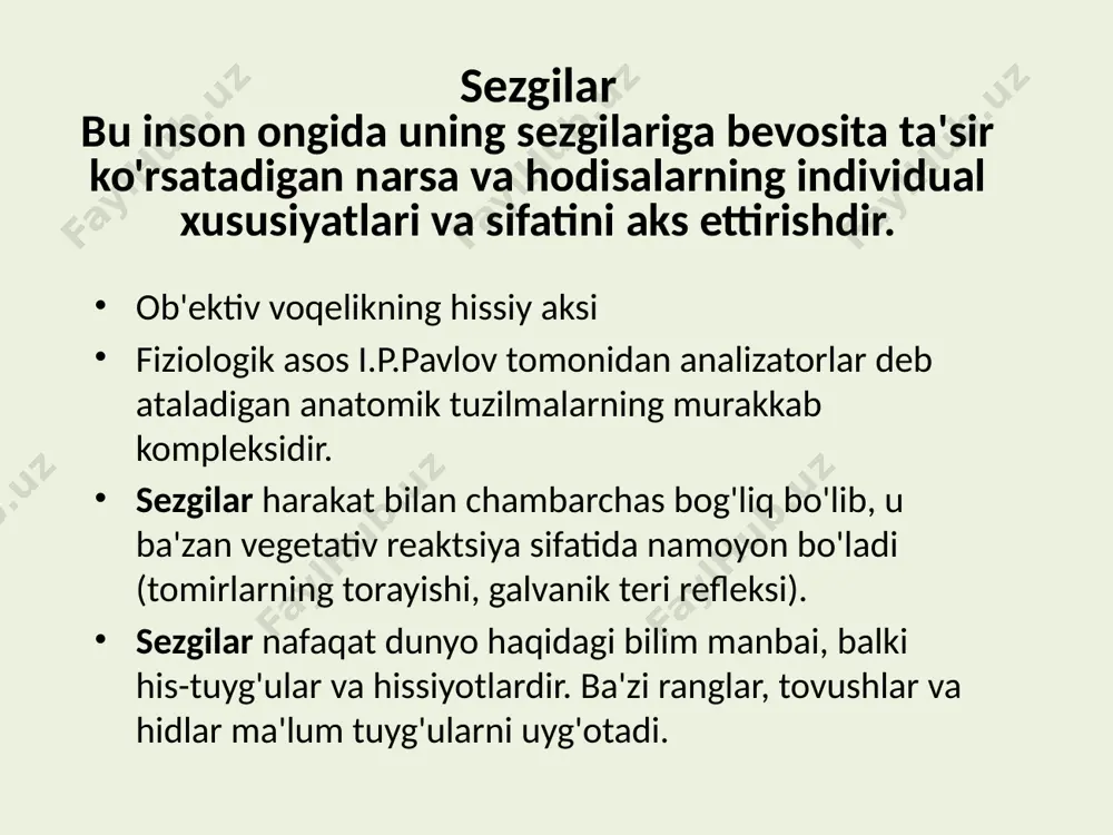 i hodisalar - aqliy va jismoniy - funktsional jihatdan o'zaro bog'liq bo'lgan tabiiy munosabatlar bo'lishi kerak. yuqori mutlaq chegara - bu qo'zg'atuvchining adekvat idrok etilishini to'xtatadigan qiymati. yuqori mutlaq chegara ba'zan og'riq chegarasi deb ataladi, chunki mos keladigan qo'zg'atuvchi kattaliklarda biz og'riqni boshdan kechiramiz - yorug'lik juda yorqin bo'lganda ko'zlarda og'riq, tovush juda baland bo'lganda quloqlarda og'riq. mutlaq chegaralar - yuqori va pastki - bizning idrok etishimiz mumkin bo'lgan atrofdagi chegaralarni belgilaydi. sezgini keltirib chiqaradigan stimul qanchalik zaif bo'lsa, sezgirlik shunchalik yuqori bo'ladi. farq sezuvchanligi - bu stimulning o'zgarishiga sezgirlik. ta'sir etuvchi qo'zg'atuvchining xususiyatlaridagi minimal farqni his qilish uchun uning ta'sir kuchini ma'lum miqdorda o'zgartirish kerak va sezgilarda deyarli sezilmaydigan farqni beruvchi qo'zg'atuvchilar orasidagi minimal farq differensatsiya chegarasi deb ataladi. dastlabki stimulning intensivligi qanchalik yuqori bo'lsa, stimulning o’zgarishi ham sezish uchun shunchalik katta bo'ladi turli sezgi a'zolari uchun differensatsiya chegarasi har xil, lekin bir analizator uchun bu doimiy qiymatdir! buni …