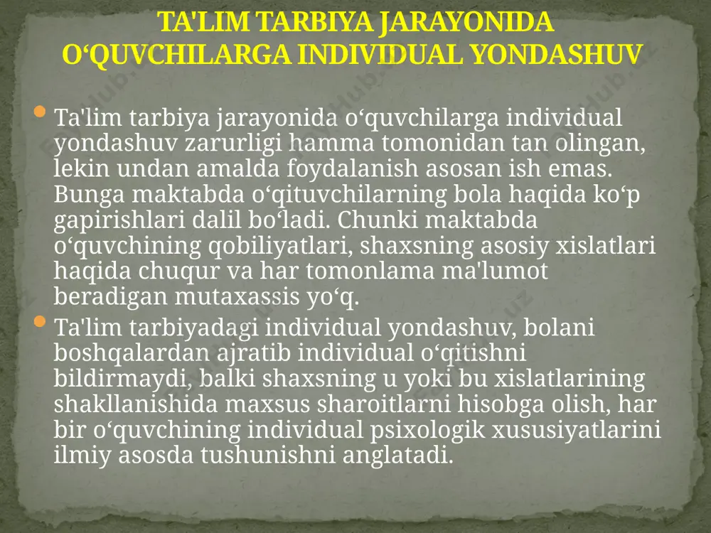 usulni qoʻllash juda koʻp vaqtni olganligi uchun, uni amalga oshirishning har doim ham iloji boʻlmaydi. bu usul koʻp vaqtni talab qilganligi uchun faqatgina psixolog emas, «tarbiyasi qiyin» oʻquvchi ham charchaydi, tekshiruvda ishtirok etishdan bosh tortadi, topshiriqlarni oʻzi sezmagan holda nomiga bajaradi. tajribadan ma'lum boʻlishicha, ayniqsa ogʻzaki metodikalar qanchalik toʻliq boʻlmasin, qiyinchilik tugʻdiradi. bundan tashqari bunday metodiklar shaxsni toʻliq xarakterlash uchun etarli boʻlmaydi. nazariy psixologiyadan amaliy psixologiyagacha bir qadam, lekin uni amalga oshirish juda qiyin. (ikki nazariy psixologlarning suhbatidan). haqiqatdan ham, maktabga qanday psixolog kerak? qiziq savol. «har-xil» psixologlar mavjudmi? ha albatta! har hil kasblar, ularga mos har xil psixologlar mavjud. maktabda oʻzlarini psixolog deb hisoblaydigan insonlar bilan uchrashganingizda, har-xil insonlarni koʻrishingiz mumkin. sizning koʻz oldingizda kam gap hech bilan qoʻshilmaydigan, uncha oʻziga tortmaydigan inson koʻrinishi mumkin. shu bilan birga, hamma bilan chiqishib ketadigan, xushchaqchaq, sergap, chiroyli inson koʻrinishi ham mumkin. natijada siz har-xil taassurot olasiz. kutilmagan va eng yoqimli taasurotlar …