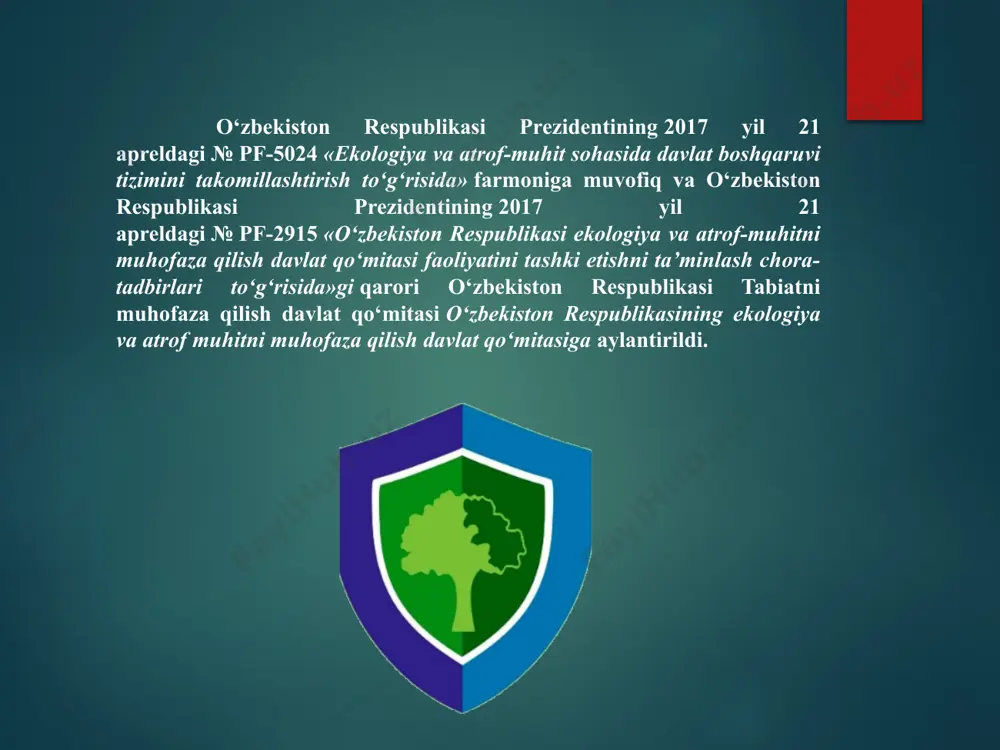 biatni muhofaza qilish tabiatni asrash insoniyatning eng muhim vazifasidir. insonning tabiiy muhitga ta’sirining hozirgi ko‘lami, insonning iqtisodiy faoliyati ko‘lamining zamonaviy landshaftlarning uning salbiy oqibatlarini o‘zlashtirish qobiliyatiga mutanosibligi. tabiiy muhit rivojlanishidagi inqirozlar, zamonaviy inqirozli ekologik vaziyatning global tabiati. tushunchalarning ta'rifi: tabiiy muhit, geografik muhit, tabiatni muhofaza qilish (terminning tor va keng tushunchasi). aspektlar ekologik muammolar ekologik manba genetika evolyutsion iqtisodiy ijtimoiy hurmatli prezidentimiz sh.m.mirziyoyev “dunyo miqyosida sanoat yuqori darajada rivojlangan xxi asrda ekologiya bilan bog‘liq muammolar birinchi darajali muammo sifatida kun tartibiga chiqmoqda. avlodlarimiz bizdan keyin ham munosib tabiiy muhitda yashashi kerak. buning uchun biz tabiatga e’tibor berishimiz, faqat bugunni emas, yaqin va uzoq kelajakni o‘ylab ish tutishimiz zarur,” –deb bejizga ta’kidlamaganlar bizning yer sayyoramiz koinotning kichik bir qismidir, ammo hozir u biz yashashimiz mumkin bo‘lgan yagona joy. davlat ekologik siyosatining asoslari o‘zbekiston respublikasi konstitutsiyasining 68-moddasida o‘z aksini topgan. unga ko‘ra, yer, yer osti boyliklari, suv, o‘simlik va hayvonot dunyosi hamda …