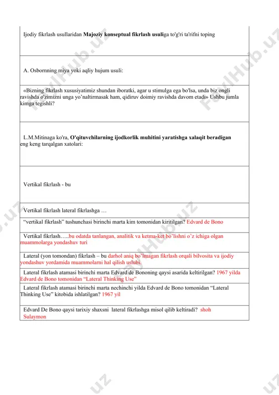 ri: vertikal fikrlash - bu vertikal fikrlash lateral fikrlashga … “vertikal fikrlash” tushunchasi birinchi marta kim tomonidan kiritilgan? edvard de bono vertikal fikrlash…..bu odatda tanlangan, analitik va ketma-ket bo’lishni o’z ichiga olgan muammolarga yondashuv turi lateral (yon tomondan) fikrlash – bu darhol aniq bo’lmagan fikrlash orqali bilvosita va ijodiy yondashuv yordamida muammolarni hal qilish uslubi. lateral fikrlash atamasi birinchi marta edvard de bononing qaysi asarida keltirilgan? 1967 yilda edvard de bono tomonidan “lateral thinking use” lateral fikrlash atamasi birinchi marta nechinchi yilda edvard de bono tomonidan “lateral thinking use” kitobida ishlatilgan? 1967 yil edvard de bono qaysi tarixiy shaxsni lateral fikrlashga misol qilib keltiradi? shoh sulaymon vertikal fikrlash atamasi birinchi marta nechinchi yilda edvard de bononing asarida keltirilgan? 1970 yilda “lateral thinking: creativity step by step” vertikal fikrlashning mohiyati nimada? lateral fikrlashning mohiyati nimada? “vaziyat jumbog’i” kim tomonidan ishlab chiqilgan pol sloan vertikal fikrlash xususiyatlarini toping qaytadan faol fikrlash; tizimlashtirilgan: …