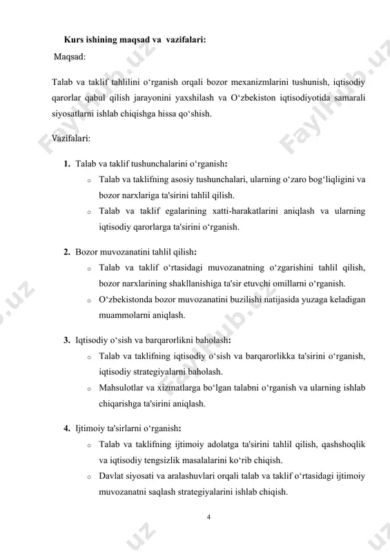 ari yakka talab deyiladi. muayyan tovarga yoki tovarlar toʻplamiga barcha xaridorlar bildirgan talab yigʻindisi bozor talabi, barcha bozorlarda barcha tovarlarga jamiyat miqiyosida bildirilgan ijtimoiy talab yalpi talab deyiladi. talab miqdorining oʻzgarishiga bir qancha omillar taʼsir qiladi. ularning o'rasida eng muximi narx omilidir. tovar narxining pasayishi sotib olinadigan tovar miqdorining oʻsishi va aksincha, narxning oʻsishi xarid miqdorining kamayishiga olib keladi. taklif — muayyan vaqtda va muayyan narxlar bilan bozorga chiqarilgan va chiqarilishi mumkin boʻlgan tovarlar va xizmatlar miqdori bilan ifoda etiladi; taklif ishlab chiqaruvchi (sotuvchi)larning oʻz tovarlarini sotishga (bozorga) taklif etish istagi. bozorda tovar narxi bilan uning taklifi miqdori oʻrtasqda bevosita bogʻliqlik mavjud: narx qanchalik yuqori boʻlsa, boshqa sharoitlar oʻzgarmagan hollarda, sotish uchun shuncha koʻproq tovar taklif etiladi, yoki aksincha, narx pasayishi bilan taklif hajmi qisqaradi. masalan, 10 soʻm narxda 3 tovar birligi taklif etiladi, agar narx 15 soʻmga koʻtarilsa, taklif hajmi 5 birlikka qadar koʻpayadi, agar narx 20 soʻmga yetsa, …