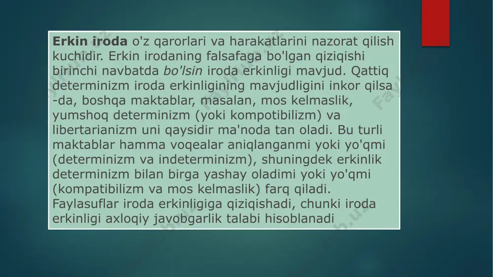 diganlardan boshqa narsa emas, ular ham deterministlar. mos kelmaslik iroda erkinligi va determinizmning mos kelmasligi haqidagi qarashdir. bu determinizm yoki iroda erkinligi borligi haqidagi qarash emas. demak, mos kelmaydigan kishi, agar determinizm haqiqat ekaniga ishonmasa, erkin iroda borligiga ishonishi mumkin. yumshoq determinizm (yoki muvofiqlik) - determinizm haqiqat, lekin baribir iroda erkinligi bor degan qarash. yumshoq deterministlarning ikkita tanqidchisi bor: qattiq deterministlar va mos kelmaydiganlar. falsafiy liberterizm (siyosiy libertarizm bilan adashtirmaslik kerak) - bu determinizmdan ko'ra indeterminizm haqiqat va natijada iroda erkinligi mavjud degan qarash. determinizm o'rniga indeterminizmni himoya qilishning asosiy turtki kvant mexanikasining paydo bo'lishi jamiyat, odatda, odamlarni qilmishlari uchun maqtovga yoki ayblashga loyiq deb, o'z harakatlari uchun javobgarlikni o'z zimmasiga oladi. biroq, ko'pchilik axloqiy mas'uliyatni iroda erkinligini, boshqacha aytganda, boshqacha qilish qobiliyatini talab qiladi deb hisoblaydi. jamiyat, odatda, odamlarni qilmishlari uchun maqtovga yoki ayblashga loyiq deb, o'z harakatlari uchun javobgarlikni o'z zimmasiga oladi erkin irodaning dunyodagi voqealar qanday ketayotganiga …