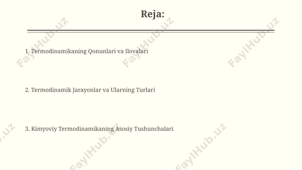 атиши аниқланган. entropiya va ikkinchi qonun ikkinchi qonun, boltzmann tenglamasi orqali ifodalanadi va ko'plab mikroskopik holatlarning (masalan, 10^23 darajada) makroskopik holatlar bilan bog'liq bo'lishini o'z ichiga oladi, bu esa tabiiy jarayonlarning yo'nalishini aniqlaydi. ikkinchi termodinamika qonuni bo'yicha, izolyatsiyalangan tizimdagi jarayonlarning spontanligi entropiyaning o'sishi bilan belgilanadi; masalan, 25°c da 1 atm bosimda, muvozanat holatiga erishish uchun reaksiya 100 kj dan ortiq energiya ajratadi. kimyoviy reaksiyalar va termodinamika kimyoviy reaksiyalarni o'tkazish uchun zarur bo'lgan energiya miqdori, masalan, 25°c haroratda 1 mol vodorodning yonishi natijasida 286 kj issiqlik ajralib chiqishi, gess qonunidan foydalanib aniqlanishi mumkin. entropiya o'zgarishi (δs) reaksiya natijasida tartibsizlikning o'zgarishini ifodalaydi. masalan, 1 mol gazning hosil bo'lishi 100 j/k ga yaqin entropiya o'zgarishini keltirib chiqaradi. termodinamikaning birinchi qonuni termodinamikaning birinchi qonuni, masalan, 1 kg suvni 20°c dan 100°c gacha qizdirish uchun zarur bo'lgan issiqlik miqdorini aniqlashda, shuningdek, londonda o'tkazilgan eksperimentlarda aniq ko'rsatilganidek, kimyoviy reaksiyalarni tahlil qilishda qo'llaniladi. termodinamikaning birinchi qonuni energiyaning …