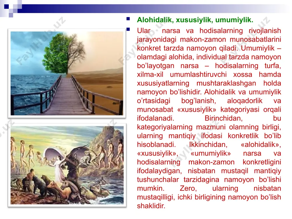 riyat va tasodif kategoriyasi olamni falsafiy bilishning mushtarakligini va samaradorligini ta’minlaydi. www.arxiv.uz www.arxiv.uz imkoniyat va voqelik – falsafaning muhim kategoriyalaridir. imkoniyat narsa va hodisalarning makon va zamondagi rivojlanish tendentsiyasini ta’minlaydigan, muayyan qonuniyatlarga asoslanadi. voqelik esa, shu qonuniyatlarga asoslangan rivojlanishning namoyon bo’lishidir. imkoniyat va voqelik kategoriyasini ham, bilishning umumiy mantiqiy tamoyillariga ko’ra, boshqa kategoriyalar bilan bog’liqlikda tahlil qilish muhim ahamiyatga ega. imkoniyat narsa va hodisalar rivojlanish jarayonining ichki birligini ifodalaydi va ularning rivojlanish shart-sharoitlarini, sabablarini, zaruriy qonuniyatlarini, mohiyatini o’zida mujassamlashtirgan. www.arxiv.uz www.arxiv.uz adabiyotlar 1. karimov i. o’zbekiston xxi asrga intilmoqda. – t.: o’zbekiston, 1999. 2. karimov i. donishmand xalqimizning mustahkam irodasiga ishonaman. – «fidokor» 2000 y. 8 iyun. 3. o’zbekiston xxi asrga intilmoqda. – t.: o’zbekiston, 2000. 4. osnovi filosofii. — t: «o’zbekiston», 1998. 5. filosofskiy entsiklopedicheskiy slovar. m. 1999. 6. mustaqillik: ilmiy izohli ommabop lug’at. — t., 1999. www.arxiv.uz www.arxiv.uz