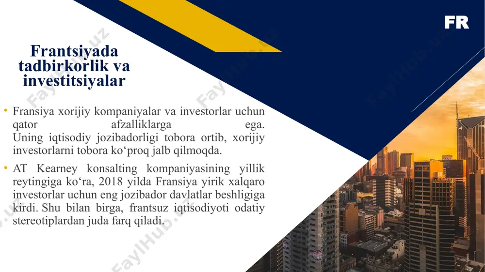 dollariga qisqardi. 2021 yilgi jahon investitsiya hisobotiga ko'ra, milliard dollar unctad tomonidan nashr etilgan. 2020 yilda to'g'ridan-to'g'ri xorijiy investitsiyalar hajmi qariyb 968 milliard dollarni tashkil etdi. inqirozga qaramay, ilmiy-tadqiqot, sog'liqni saqlash va qayta tiklanadigan energiya kabi ba'zi strategik tarmoqlarga investitsiyalar o'sdi. oecd maʼlumotlariga koʻra, 2021-yilning birinchi yarmida frantsiyaga toʻgʻridan-toʻgʻri investitsiyalar oqimi 10,8 milliard aqsh dollarini tashkil etdi. fransiya toʻgʻridan-toʻgʻri investitsiyalar hajmi boʻyicha dunyoda 18-oʻrinni egalladi (2019-yilga nisbatan uchta pozitsiyani yoʻqotdi). fr 9 to'g'ridan-to'g'ri xorijiy investitsiyalar to'g'ridan-to'g'ri xorijiy investitsiyalar 2019 2020 2021 yil to'g'ridan-to'g'ri investitsiyalar oqimi (million aqsh dollari) 28 363 4870 14,193 to'g'ridan-to'g'ri investitsiyalar zaxirasi (million aqsh dollari) 854 925 963 797 977 990 greenfield investitsiyalar soni* 613 573 441 greenfield investments qiymati (million aqsh dollari) 17 847 14 964 11 964 fr 10 mamlakatlar va sanoatlar bo'yicha to'g'ri qilish aktsiyalari asosiy investitsion mamlakatlar 2020, %da qo'shma shtatlar 18.3 shveytsariya 13.4 germaniya 12.3 birlashgan qirollik 11.5 lyuksemburg 9.4 belgiya 6.7 …