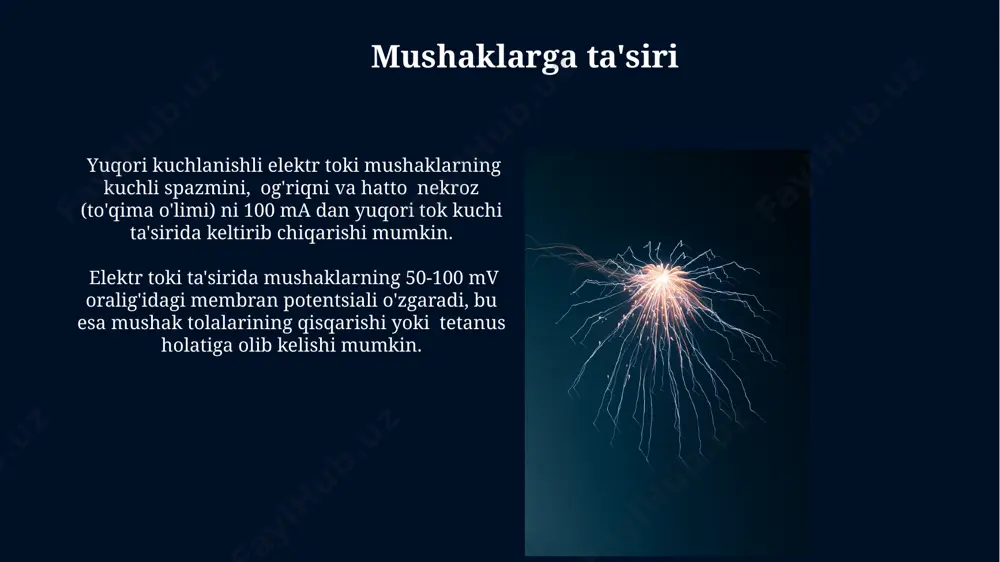 bo'lishiga olib keladi. elektr toki ta'siri mexanizmi elektr toki tanaga ta'sir qilganda, 50 ma dan yuqori kuchlanishli tok yurak ritmining buzilishiga, fibrillyatsiyaga olib kelishi mumkin, bu o'limga olib kelishi mumkin. inson tanasida elektr toki asosan nerv va mushak to'qimalariga ta'sir qiladi, ularning membranalari orqali ionlarning harakatini o'zgartirib, depolarizatsiya va repolyarizatsiyani keltirib chiqaradi. jinsiy a'zolarga ta'siri elektr toki ta'siri natijasida jinsiy a'zolarda 50-100 ma dan yuqori tok kuchlanishi og'ir kuyishlar, to'qimalarning nekrozi va funksiya buzilishlariga olib kelishi mumkin. jinsiy a'zolarning elektr toki ta'siriga sezuvchanligi yuqori bo'lib, hatto past kuchlanishli tok ham og'riq, spazm va qon aylanishining buzilishiga sabab bo'lishi mumkin. e'tiboringiz uchun rahmat @taqdimot_robot image5.jpg image6.jpg image7.jpg image8.jpg image9.jpg image10.jpg image11.jpg image12.jpg image13.jpg image14.jpg image15.jpg image16.jpg image17.jpg image18.jpg image19.jpg image20.jpg image21.jpg image1.jpg
