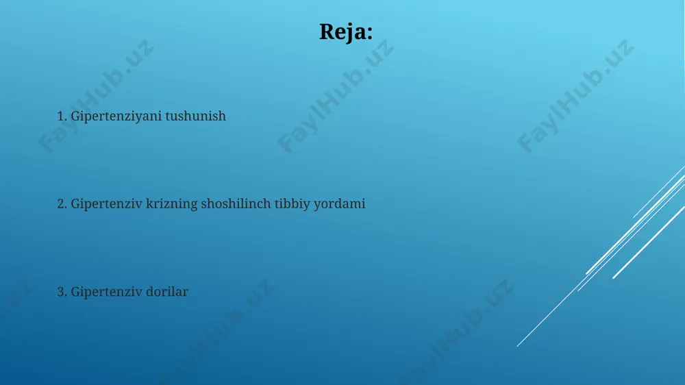 qo'llanilishi mumkin, bu ularning samaradorligini oshiradi. kaltsiy kanal blokerlari, masalan, verapamil va diltiazem, yurak urish tezligini sekinlashtiradi va qon tomirlarini kengaytiradi, natijada qon bosimini 10-20 mm hg ga pasaytiradi. gipertenziyaning alomatlari gipertenziyaning boshqa alomatlari orasida burun qon ketishi, quloqlarning shovqinlashi va yurak urishining tezlashuvi ham bo'lishi mumkin, bu holatlar shifokorga murojaat qilishni talab qiladi. qon bosimining 180/120 mm hg dan yuqori ko'tarilishi, shuningdek, ko'krak og'rig'i, nafas qisilishi va hushidan ketish kabi jiddiy alomatlar bilan birga keladi. ace inhibitörleri ace inhibitörlari buyraklarning renin-angiotenzin-aldosteron tizimiga ta'sir qilib, qon tomirlarini toraytiruvchi angiotenzin ii gormonining hosil bo'lishini 60-80% ga kamaytiradi. ushbu dorilarning yon ta'siri, masalan, quruq yo'tal (taxminan 10-20% bemorlarda), giperkaliyemiya va buyrak funksiyasining buzilishi kabi, individual xususiyatlarga bog'liq. gipertenziyaning diagnostikasi gipertenziyani aniqlashda bemorning qon bosimi bir necha marta o'lchanadi, 140/90 mm hg dan yuqori bo'lgan o'rtacha ko'rsatkichlar gipertenziya tashxisi qo'yish uchun etarli hisoblanadi. bemorning yoshi, jinsi, irqiy kelib chiqishi va boshqa surunkali kasalliklar …