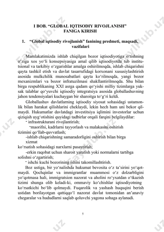 edia» nashriyoti, 2017. 3 7 munosabatlarining dialektikasi shundaki, ayrim mamlakatlar va iqtiso- diy guruhlarning iqtisodiy mustaqillikka hamda iqtisodiyotini mustah- kamlashga intilishi global iqtisodiyotning yanada integratsiyalashuvi, jahon iqtisodiy munosabatlarining kengayishi va xalqaro mehnat taqsimotining chuqurlashuviga olib keladi. global iqtisodiy munosabatlarning predmetini ikki asosiy qism – global iqtisodiy munosabatlarning o‘zi va uni amalga oshirish mexa- nizmi tashkil qiladi. global iqtisodiy munosabatlar alohida mamlakatlar, ularning min- taqaviy birlashmalari, shuningdek, bugungi kunda jahon iqtisodiyotida muhim o‘rin egallovchi alohida korxonalar (transmilliy, ko‘pmilliy va xalqaro korporatsiyalar)ning global iqtisodiy tizimdagi o‘zaro qarama- qarshi bo‘lgan iqtisodiy munosabatlari majmuini o‘z ichiga oladi. global iqtisodiy munosabatlarni amalga oshirish mexanizmi esa huquqiy me’yorlar va ularni amalga oshirish vositalari (xalqaro iqtiso- diy shartnomalar, kelishuvlar, «kodekslar», xartiyalar va boshqalar), global iqtisodiy munosabatlarni rivojlantirish maqsadi yo‘naltirilgan xalqaro iqtisodiy tashkilotlar faoliyatini o‘z ichiga oladi. global iqtisodiy munosabatlar tizimiga quyidagilar kiradi: xalqaro mehnat taqsimoti. xalqaro tovar va xizmatlar savdosi. xalqaro kapital va investitsiyalar harakati. xalqaro ishchi …