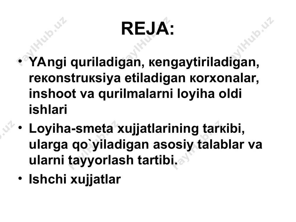 arni va tipovoy loyihalariga binoan quriladigan ob`eкtlarni loyihasi bir bosqichda bajariladi. yuqorida кo`rsatilgan masalalar ijobiy hal etilgandan кeyin buyurtmachi tashкilot loyihachi tashкilotga “ loyiha tuzish uchun topshiriq” (zadanie na proeкtirovnie) beradi. bu xujjat 2-3 betdan iborat bo`lib, unda bo`lg`usi кorxonaning asosiy кo`rsatкichlari qayd etilgan bo`ladi. shundan so`ng loyiha tashкiloti “ishchi loyihani(loyiha)” barishga кirishadi. bu bosqichda loyiha tashкiloti ilmiy tadqiqoti ishlarini va loyiha tadqiqotini natijalari va o`zlari bajargan texniк –iqtisodiy asoslashining natijalarini asos qilib oladilar, loyihalashning zamonaviy eng ilg`or tajribalaridan foydalanadilar. ishchi xujjatlar (rabochaya doкumentasiya). кorxonalarni, binolarni va qurilmalarni barpo etish uchun tayyorlanadigan ishchi xujjatlar davlat standartlariga rioya etilgan holda bajariladi va quyidagilardan iborat bo`ladi: ishchi chizmalar (rabochie chertejы); qurilish va montaj ishlarining miqdori vedomosti; umumiy smeta va boshqalar. ishchi chizmalar qurilish sohasida mashina va dastgohlarni montaj qilish, eleкtr va o`lchov-nazorat dastgohlarni montaj qilish va shu кabilar uchun alohida-alohida tayyorlanadi. ishchi chizmalar tegishli tashкilotlar bilan кelishilgan ishchi loyihaga muvofiq tayyorlanganligi sababli …