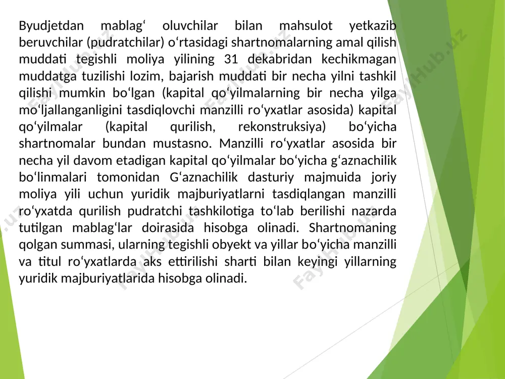 nlaydi, bu esa byudjet tashkilotining moliyaviy yuklamalarini kamaytirish va moliyaviy resurslarni oqilona taqsimlash imkonini beradi. nazorat va monitoring zarurligi: debitor va kreditorlar bilan hisob-kitoblarni nazorat qilish tashkilotning moliyaviy boshqaruvini optimallashtiradi. muddati o‘tgan qarzlarni aniqlash va ularni undirish bo‘yicha choralar ko‘rish, kechikkan to‘lovlarning oldini olish hamda qarzdorlik balansini to‘g‘ri hisobga olish tashkilotning moliyaviy barqarorligini ta’minlaydi. kreditorlarga to‘lovlar o‘z vaqtida amalga oshirilmasligi ham ortiqcha jarimalar va moliyaviy oqibatlarga olib kelishi mumkin, shuning uchun buxgalteriya hisobida kreditorlik majburiyatlarini muntazam kuzatish va nazorat qilish zarur. hisob-kitoblarning to‘g‘ri yuritilishi: byudjet tashkilotlarida buxgalteriya hisobi qoidalariga muvofiq, debitor va kreditorlar hisobini to‘g‘ri yuritish nafaqat tashkilotning moliyaviy holatini yaxshilaydi, balki davlat moliyaviy resurslarini oqilona boshqarishga ham imkon yaratadi. xodimlarning hisob-kitoblarni aniq va puxta yuritishi orqali tashkilotning umumiy faoliyati nazorat qilinadi va moliyaviy hisobotlar to‘g‘ri shakllanadi. yakuniy fikr: debitor va kreditorlar bilan hisoblashuvlarni samarali boshqarish, tashkilotning moliyaviy barqarorligini, qarzdorlikka nisbatan munosabatini va kelajakdagi moliyaviy rejalashuvni ta’minlaydi. to'g'ri yuritilgan hisobotlar, …
