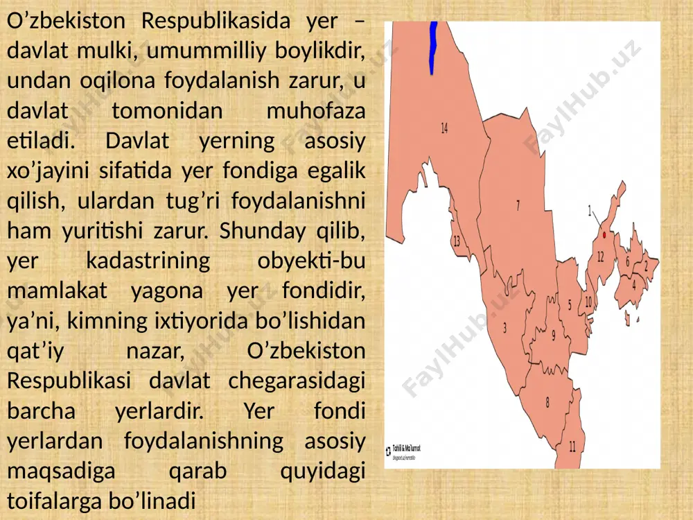 r deb hisoblanadi. bu yerlar qishlok xo’jaligi faoliyat ko’rsatishi uchun zarur bo’lgan qishloq xo’jaligi yerlari va daraxtzorlar, ichki xo’jalik yullari, kommunikasiyalar, o’rmonlar, berk suv havzalari, binolar va inshootlar bilan band bo’lgan yerlarga ajratiladi. aholi punktlarining yerlari.aholi punktlarining yerlari ma’muriy-hududiy birlik bo’lib, davlat yer fondining boshqa toifalaridan o’ziga xos xususiyatlari, huquqiy holati, foydalanishning asosiy maqsadiga ko’ra ajralib turadi, ularga shu maqsadlar uchun qonun hujjatlarida belgilab qo’yilgan shahar (posyolka) va qishloq aholi punktlari yerlari kiritilgan. aholi punktlari yerlarining 2015 yil 1 yanvar holatiga umumiy yer maydoni 219,6 ming gektar tabiatni muhofaza qilish, sog’lomlashtirish va rekreasiya maqsadlariga mo’ljallangan yerlarga davlat qo’riqxonalari, milliy, tarixiy, tabiiy va yodgorlik bog’lari, zakazniklar, tabiat yodgorliklari, dendrologiya bog’lari, botanika bog’lari, alohida muhofaza etiladigan tabiiy hududlar egallagan, tabiiy davolash omillariga ega bo’lgan yerlar, shuningdek ommaviy dam olish va turizm uchun foydalanishga berilgan yer uchastkalari kiradi. bu toifadagi yerlar maydonining asosiy qismini qo’riqxonalar va milliy hamda dendrologiya bog’lari egallaydi. tarixiy-madaniy ahamiyatga …